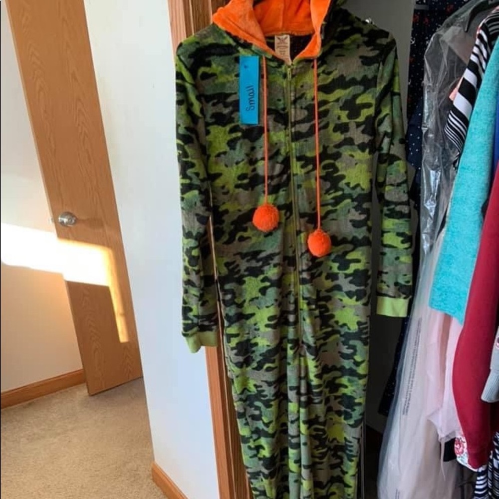 Camouflage and Neon Orange Adult Footie Pajamas